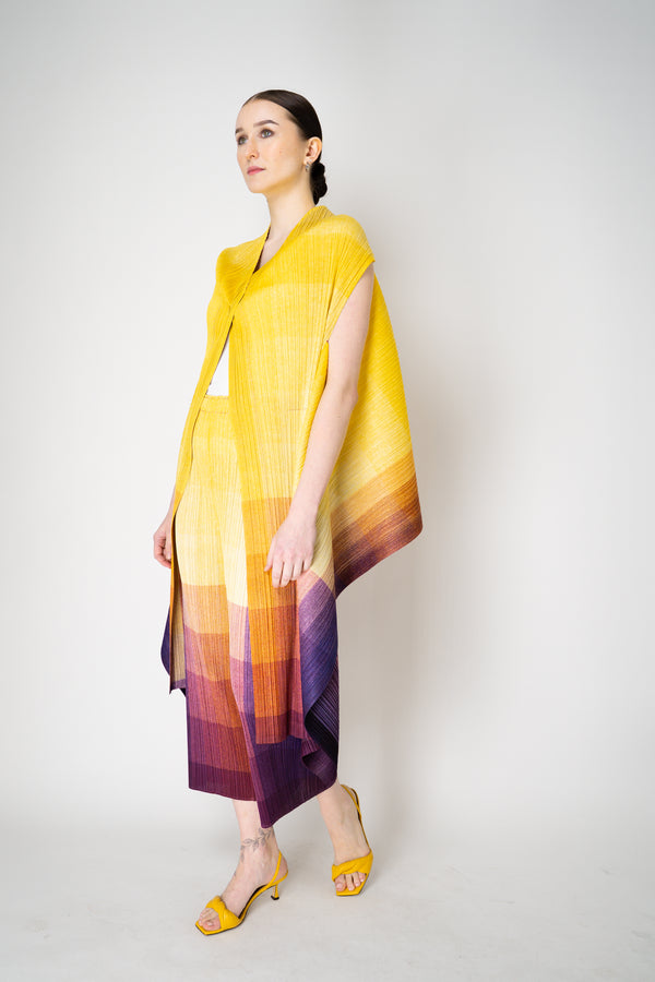 Pleats Please Issey Miyake "Photon" Cardigan Vest in Yellow Multicolour Print Vancouver. Shop Online or in Store.