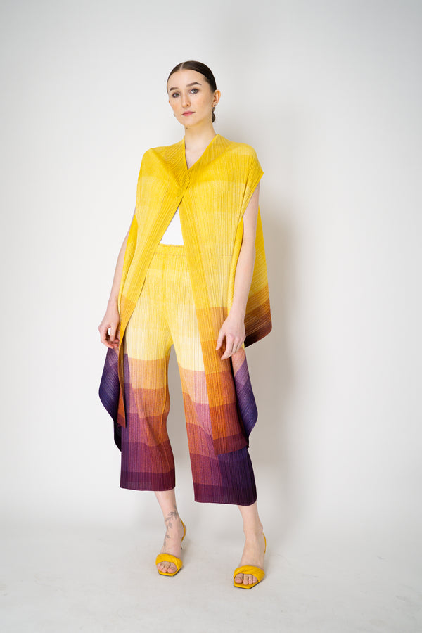Pleats Please Issey Miyake "Photon" Cardigan Vest in Yellow Multicolour Print Vancouver. Shop Online or in Store.