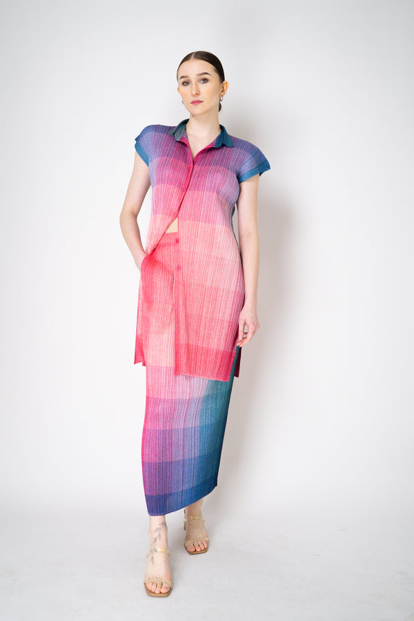 Pleats Please Issey Miyake "Photon" Collared Tunic in Pink Multicolour Print Vancouver. Shop Online or in Store.