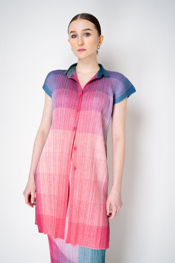 Pleats Please Issey Miyake "Photon" Collared Tunic in Pink Multicolour Print Vancouver. Shop Online or in Store.