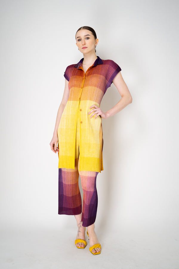 Pleats Please Issey Miyake "Photon" Collared Tunic in Yellow Multicolour Print Vancouver. Shop Online or in Store.