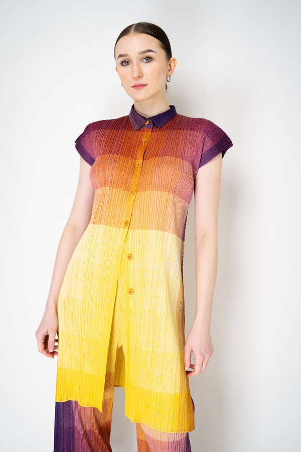Pleats Please Issey Miyake "Photon" Collared Tunic in Yellow Multicolour Print Vancouver. Shop Online or in Store.