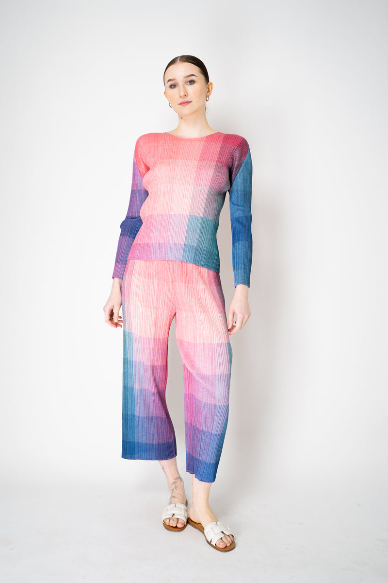Pleats Please Issey Miyake "Photon" Long Sleeve Top in Pink Multicolour Print Vancouver. Shop Online or in Store.