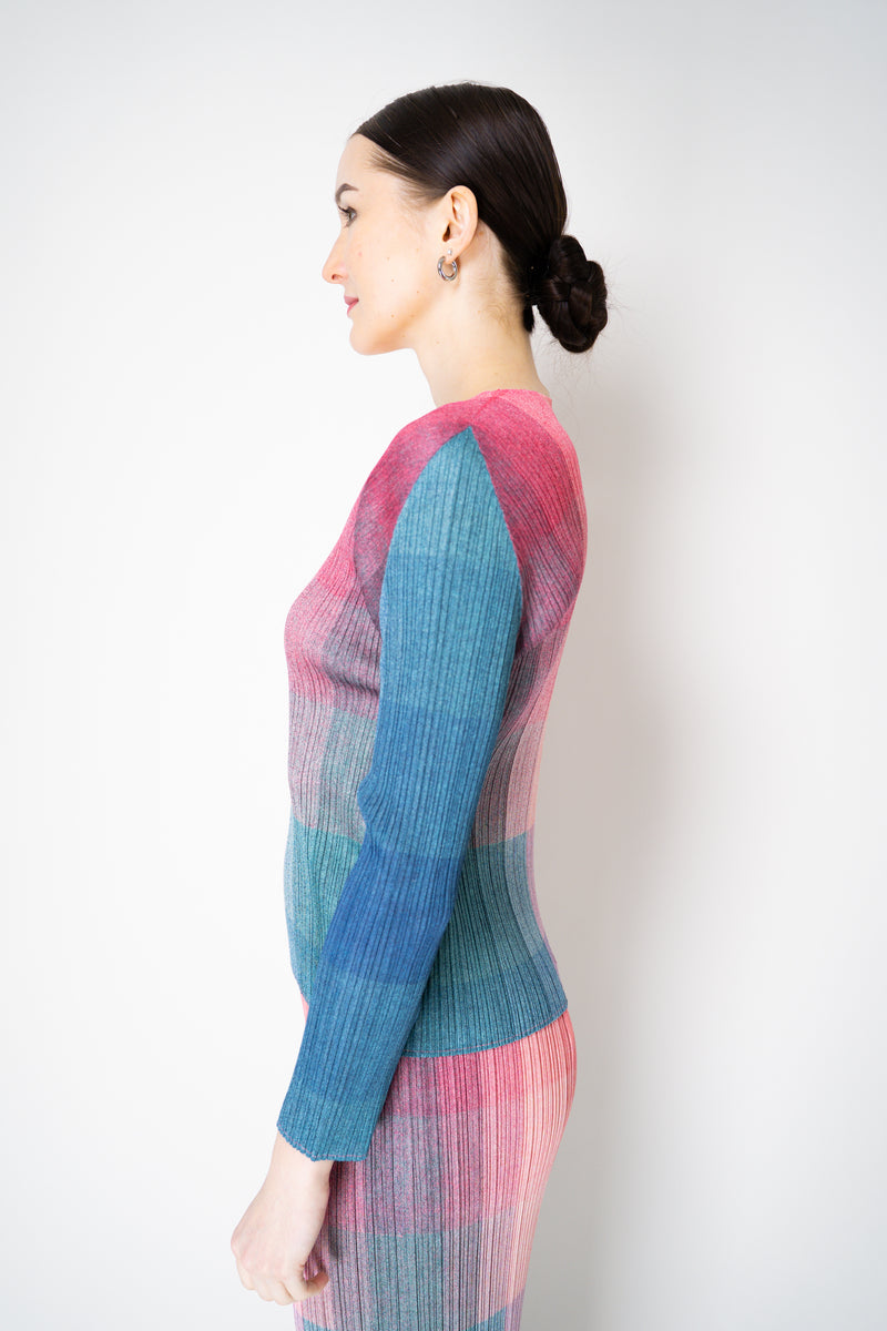 Pleats Please Issey Miyake "Photon" Long Sleeve Top in Pink Multicolour Print Vancouver. Shop Online or in Store.