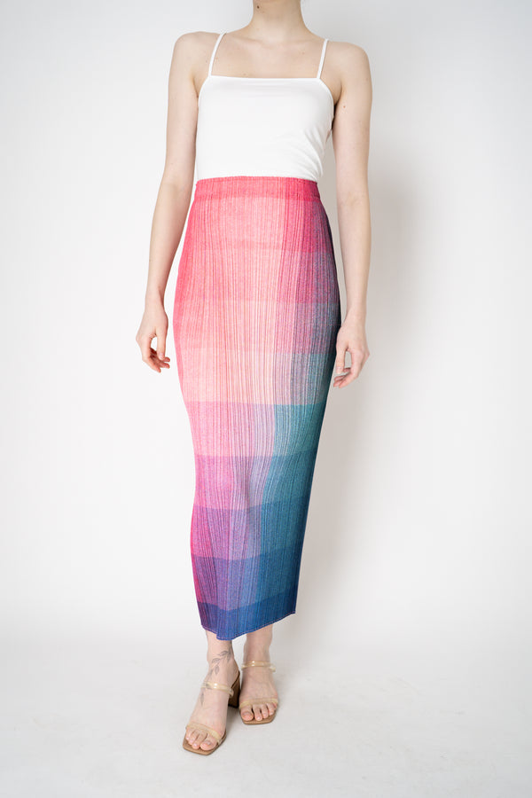 Pleats Please Issey Miyake "Photon" Maxi Skirt in Pink Multicolour Print Vancouver. Shop Online or in Store.