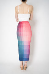 Pleats Please Issey Miyake "Photon" Maxi Skirt in Pink Multicolour Print Vancouver. Shop Online or in Store.