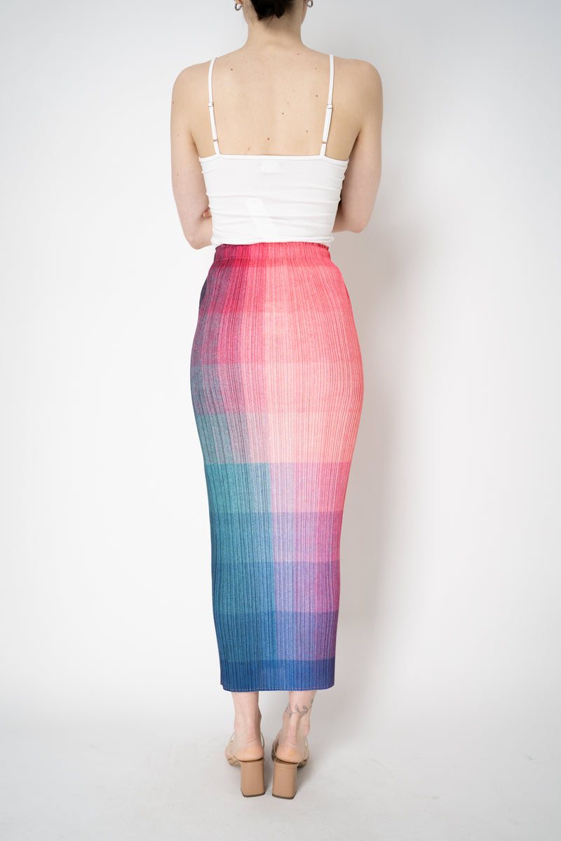 Pleats Please Issey Miyake "Photon" Maxi Skirt in Pink Multicolour Print Vancouver. Shop Online or in Store.
