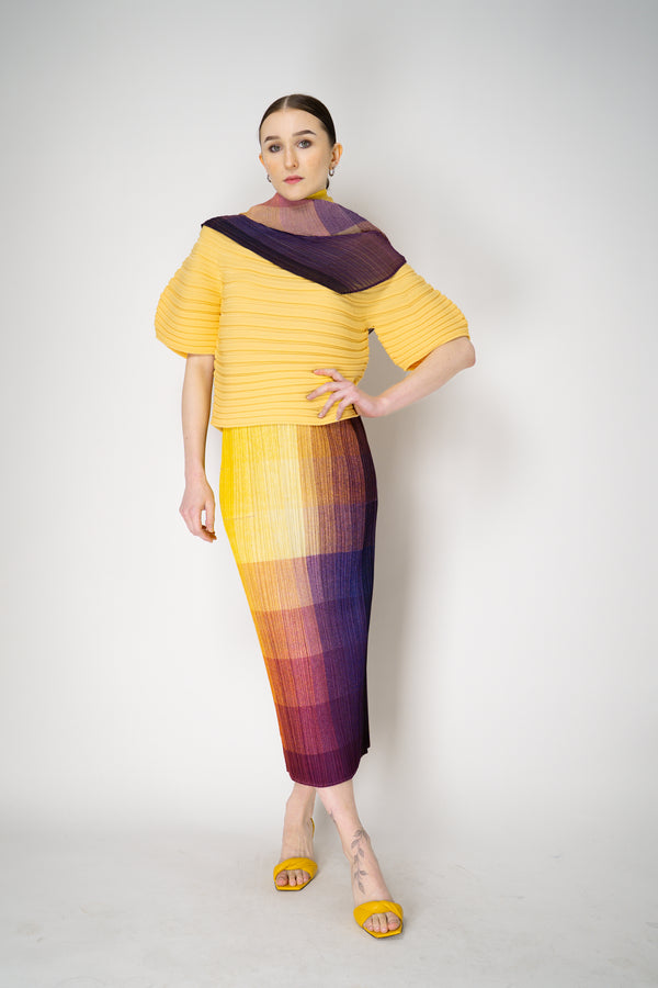 Pleats Please Issey Miyake "Photon" Maxi Skirt in Yellow Multicolour Print Vancouver. Shop Online or in Store.