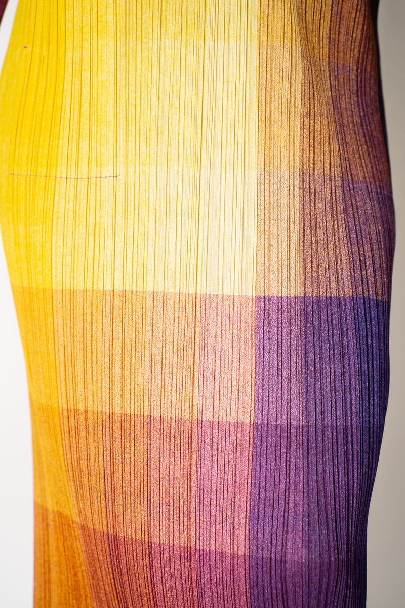 Pleats Please Issey Miyake "Photon" Maxi Skirt in Yellow Multicolour Print Vancouver. Shop Online or in Store.