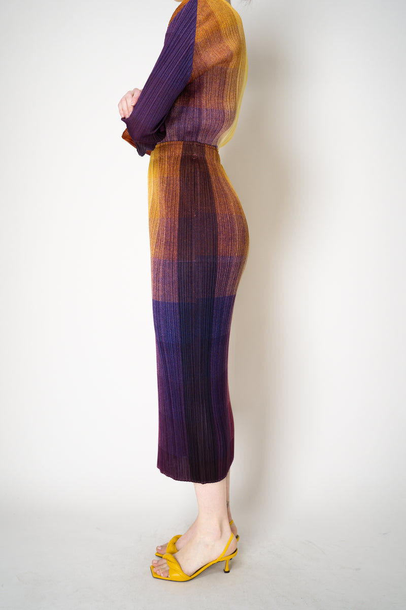 Pleats Please Issey Miyake "Photon" Maxi Skirt in Yellow Multicolour Print Vancouver. Shop Online or in Store.