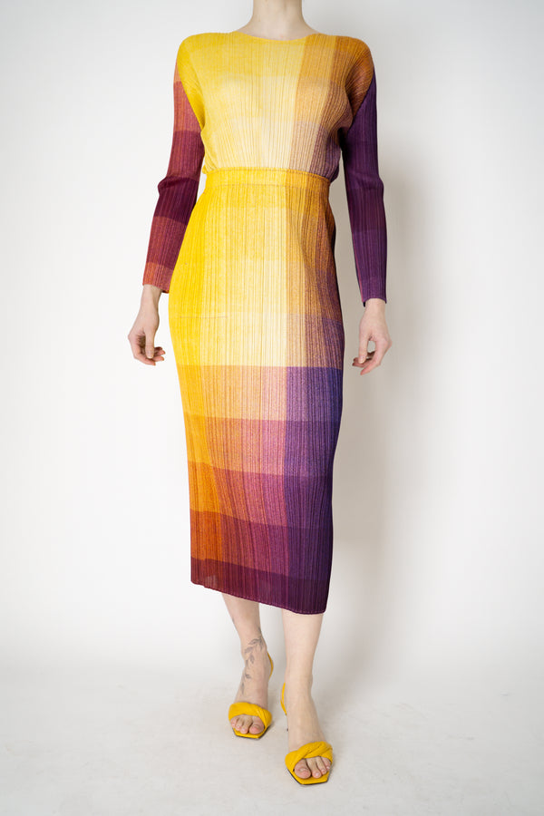 Pleats Please Issey Miyake "Photon" Maxi Skirt in Yellow Multicolour Print Vancouver. Shop Online or in Store.