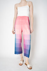 Pleats Please Issey Miyake "Photon" Straight Leg Pants in Pink Multicolour Print Vancouver. Shop Online or in Store.