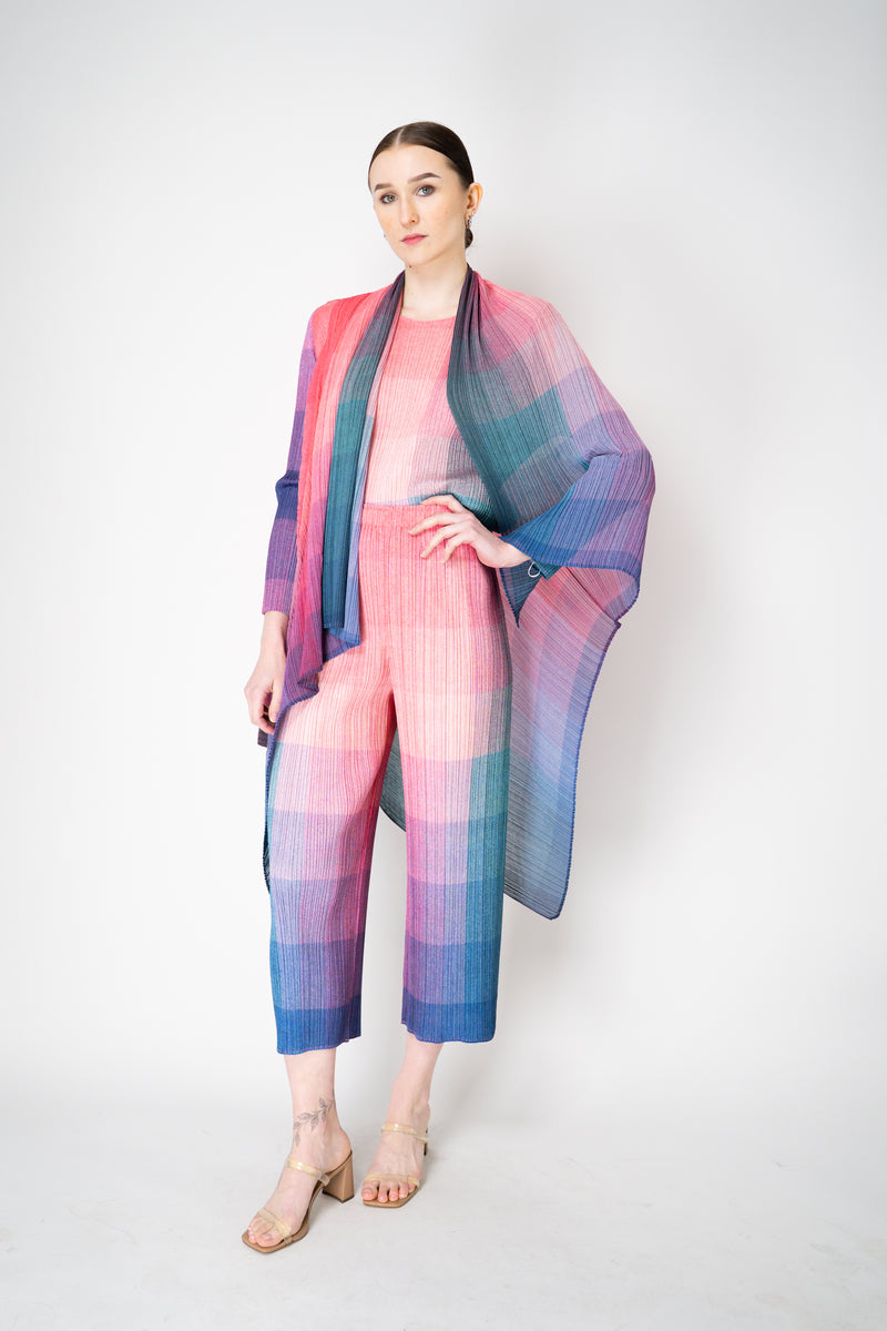 Pleats Please Issey Miyake "Photon" Straight Leg Pants in Pink Multicolour Print Vancouver. Shop Online or in Store.