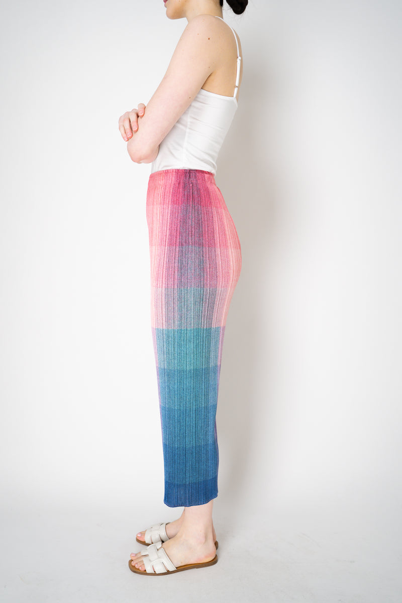 Pleats Please Issey Miyake "Photon" Straight Leg Pants in Pink Multicolour Print Vancouver. Shop Online or in Store.