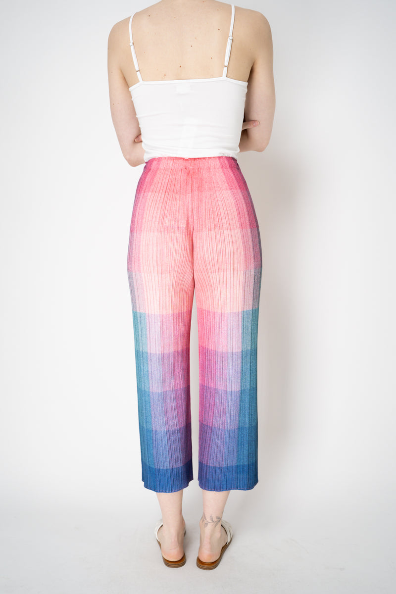 Pleats Please Issey Miyake "Photon" Straight Leg Pants in Pink Multicolour Print Vancouver. Shop Online or in Store.
