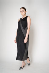Pleats Please Issey Miyake "Pointe" Asymmetric Layered Dress in Black and Grey Vancouver. Shop Online or in Store.