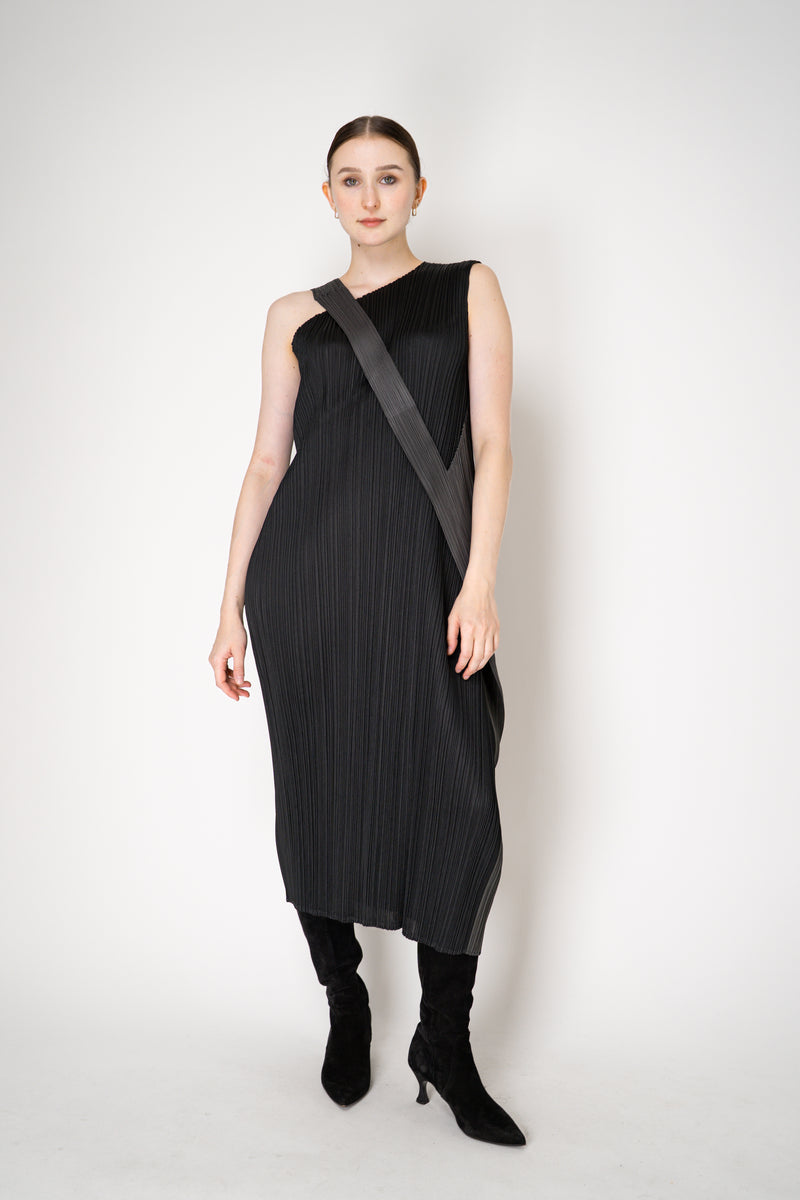 Pleats Please Issey Miyake "Pointe" Asymmetric Layered Dress in Black and Grey Vancouver. Shop Online or in Store.