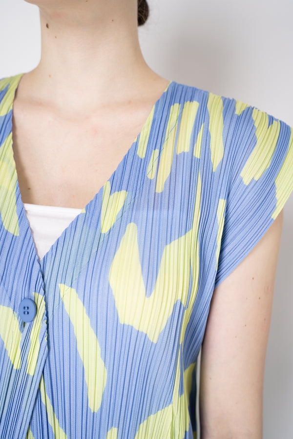 Pleats Please Issey Miyake Refraction Cardigan Vest in Lavender and Green Print Vancouver. Shop Online or in Store.
