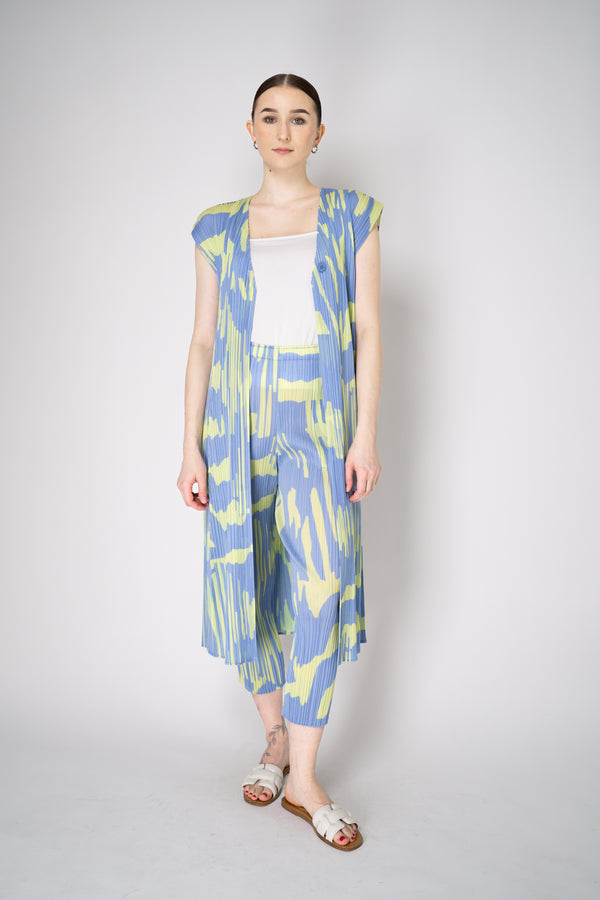 Pleats Please Issey Miyake Refraction Cardigan Vest in Lavender and Green Print Vancouver. Shop Online or in Store.