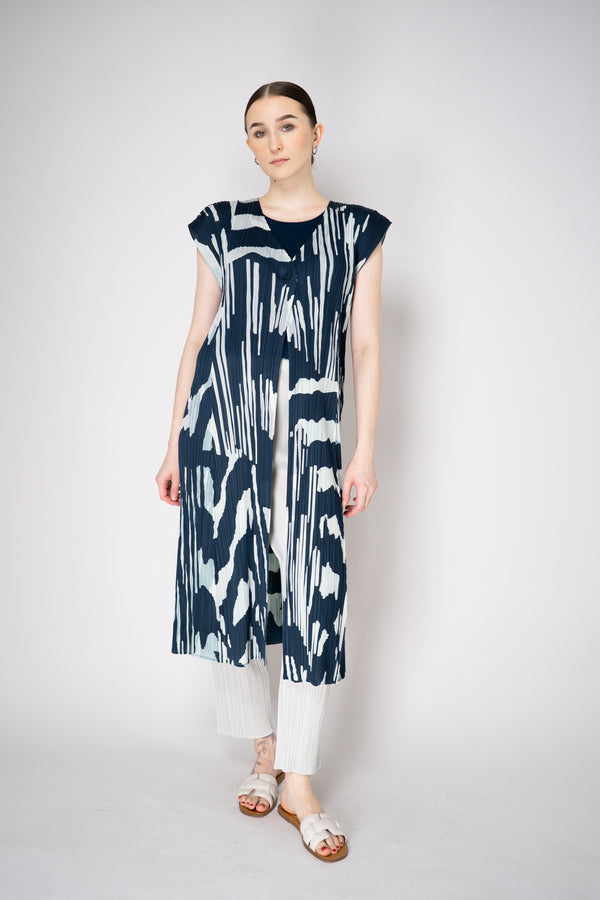Pleats Please Issey Miyake Refraction Cardigan Vest in Navy and Pastel Green Print Vancouver. Shop Online or in Store.