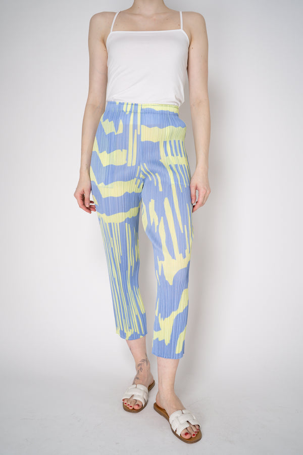 Pleats Please Issey Miyake Refraction Cropped Pants in Lavender and Green Print Vancouver. Shop Online or in Store.