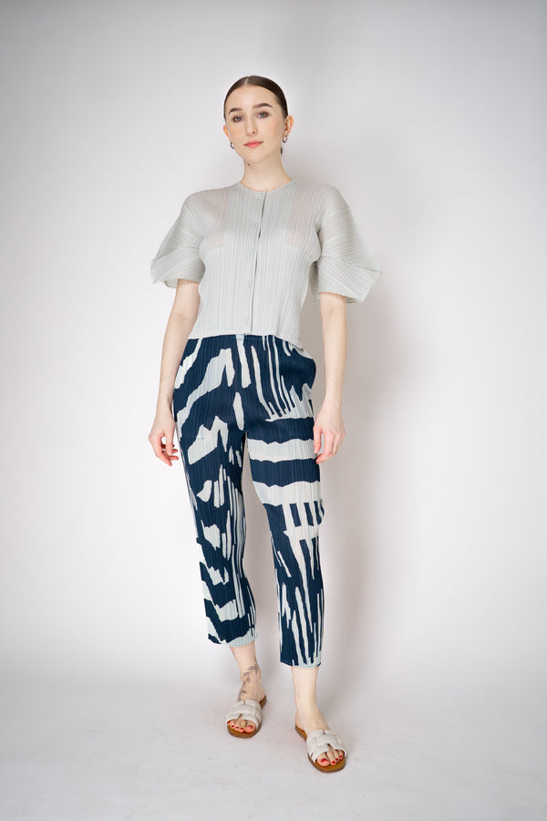 Pleats Please Issey Miyake Refraction Cropped Pants in Navy and Pastel Green Print Vancouver. Shop Online or in Store.