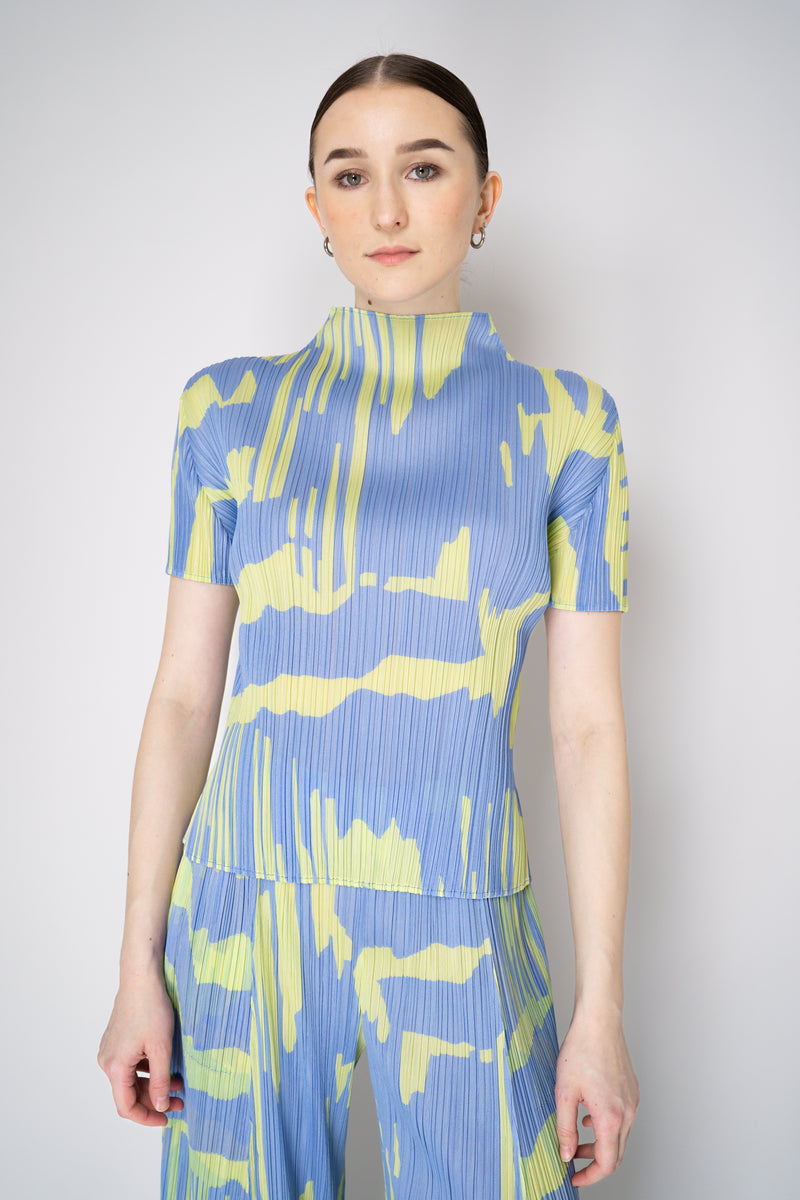 Pleats Please Issey Miyake Refraction Mockneck Shirt in Lavender and Green Print Vancouver. Shop Online or in Store.
