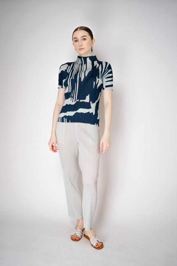 Pleats Please Issey Miyake Refraction Mockneck Shirt in Navy and Pastel Green Print Vancouver. Shop Online or in Store.