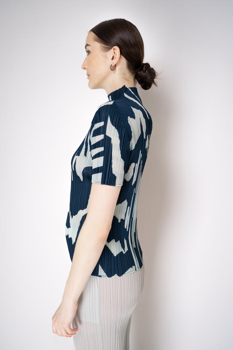Pleats Please Issey Miyake Refraction Mockneck Shirt in Navy and Pastel Green Print Vancouver. Shop Online or in Store.