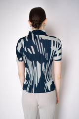 Pleats Please Issey Miyake Refraction Mockneck Shirt in Navy and Pastel Green Print Vancouver. Shop Online or in Store.
