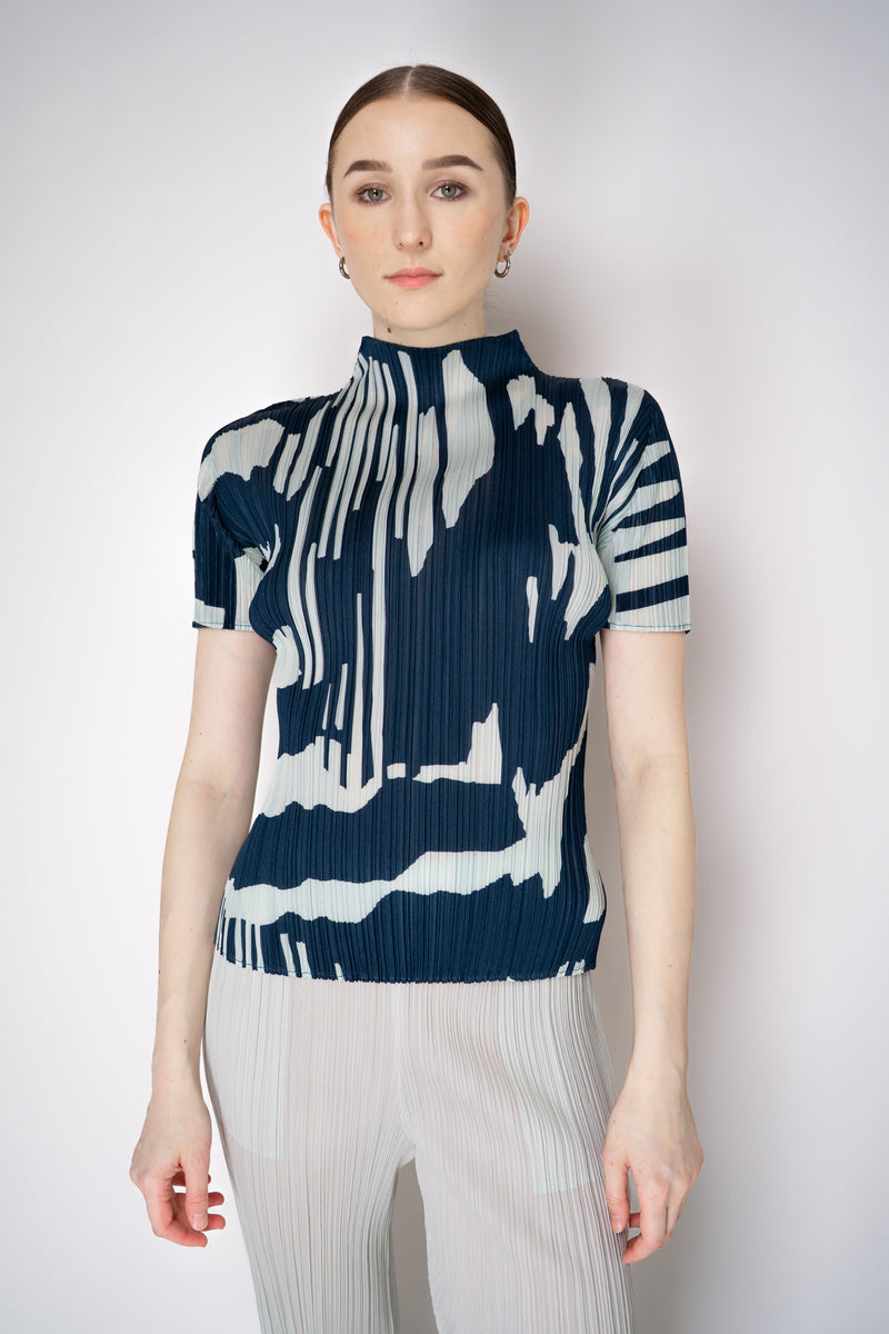 Pleats Please Issey Miyake Refraction Mockneck Shirt in Navy and Pastel Green Print Vancouver. Shop Online or in Store.