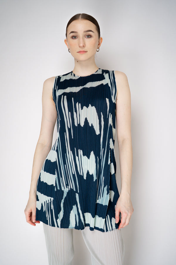 Pleats Please Issey Miyake Refraction Tunic in Navy and Pastel Green Print Vancouver. Shop Online or in Store.