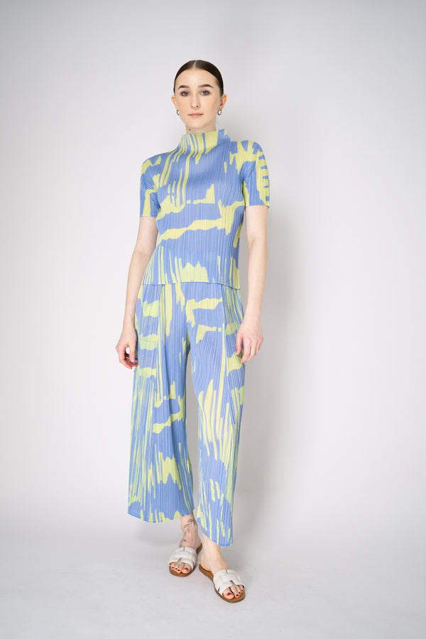 Pleats Please Issey Miyake Refraction Wide Leg Pants in Lavender and Green Print Vancouver. Shop Online or in Store.