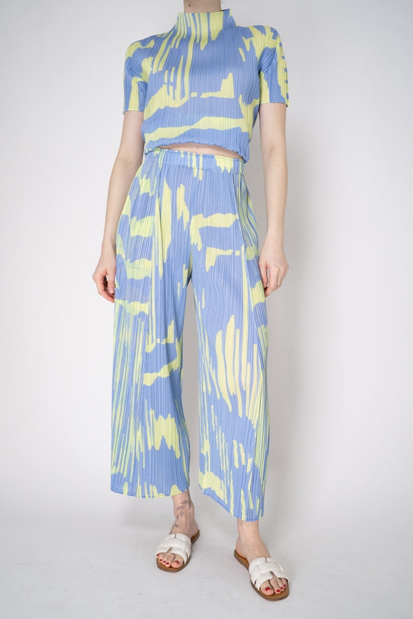 Pleats Please Issey Miyake Refraction Wide Leg Pants in Lavender and Green Print Vancouver. Shop Online or in Store.