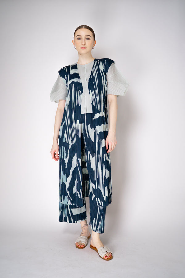 Pleats Please Issey Miyake Refraction Wide Leg Pants in Navy and Pastel Green Print Vancouver. Shop Online or in Store.