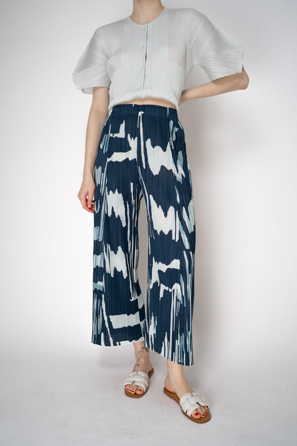 Pleats Please Issey Miyake Refraction Wide Leg Pants in Navy and Pastel Green Print Vancouver. Shop Online or in Store.
