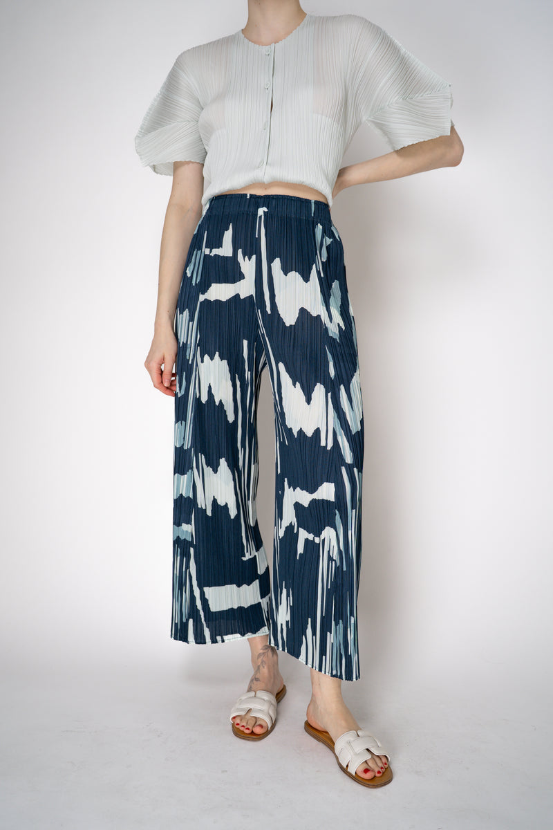 Pleats Please Issey Miyake Refraction Wide Leg Pants in Navy and Pastel Green Print Vancouver. Shop Online or in Store.