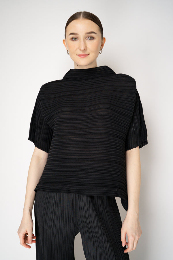 Pleats Please Issey Miyake Sheer Bounce Knit Short Sleeve Top in Black Vancouver. Shop Online or in Store.
