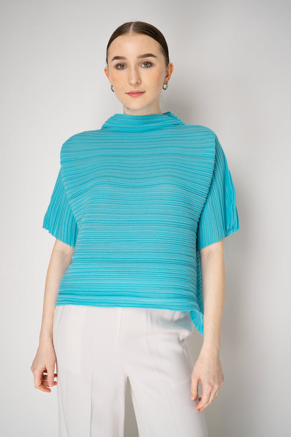 Pleats Please Issey Miyake Sheer Bounce Knit Short Sleeve Top in Turquoise Vancouver. Shop Online or in Store.