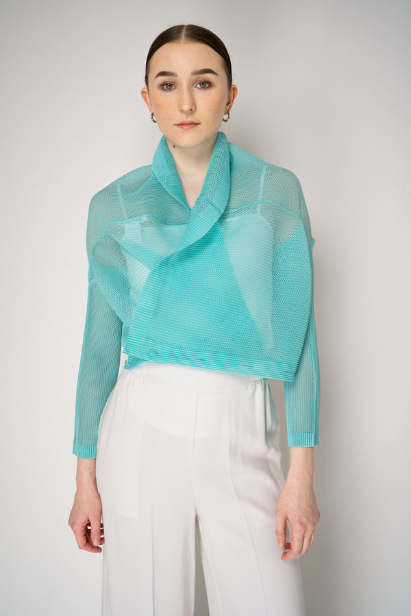 Pleats Please Issey Miyake Tatami April Cardigan in Turquoise Vancouver. Shop Online or in Store.