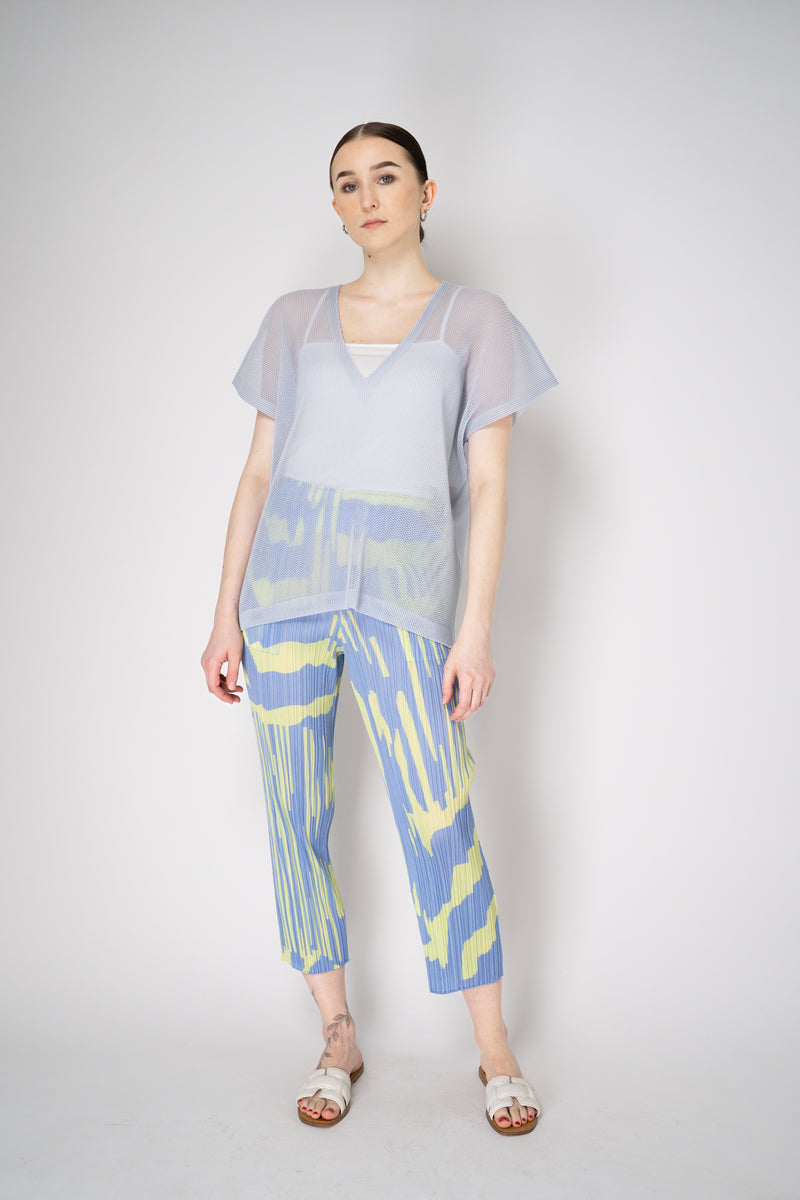 Pleats Please Issey Miyake Tatami April V-Neck Mesh Shirt in Pale Blue Vancouver. Shop Online or in Store.