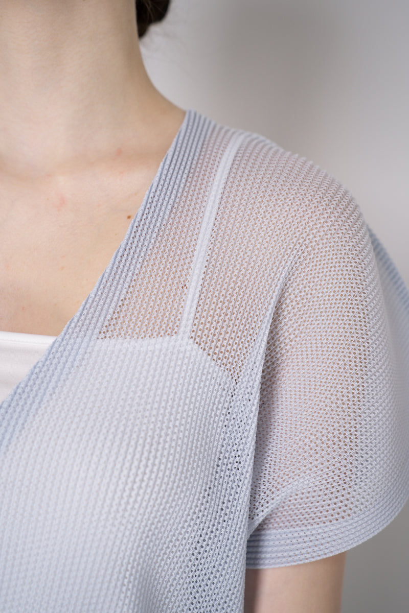 Pleats Please Issey Miyake Tatami April V-Neck Mesh Shirt in Pale Blue Vancouver. Shop Online or in Store.