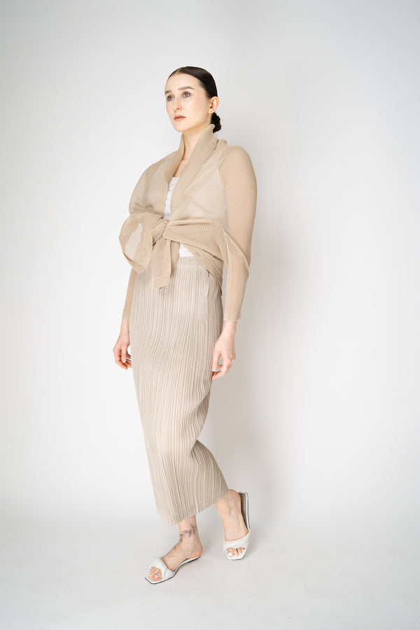 Pleats Please Issey Miyake Tatami July High Neck Mesh Cardigan in Buttercream Beige Vancouver. Shop Online or in Store