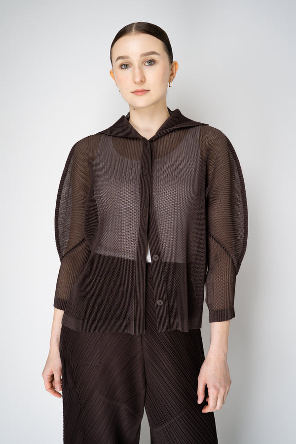 Pleats Please Issey Miyake Tatami July High Neck Mesh Cardigan in Chocolate Brown Vancouver. Shop Online or in Store