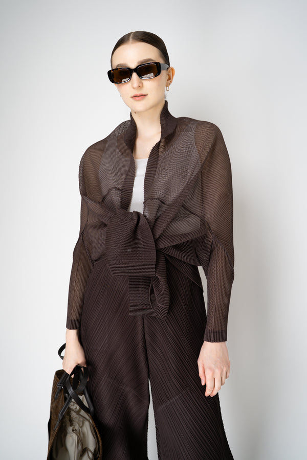 Pleats Please Issey Miyake Tatami July High Neck Mesh Cardigan in Chocolate Brown Vancouver. Shop Online or in Store