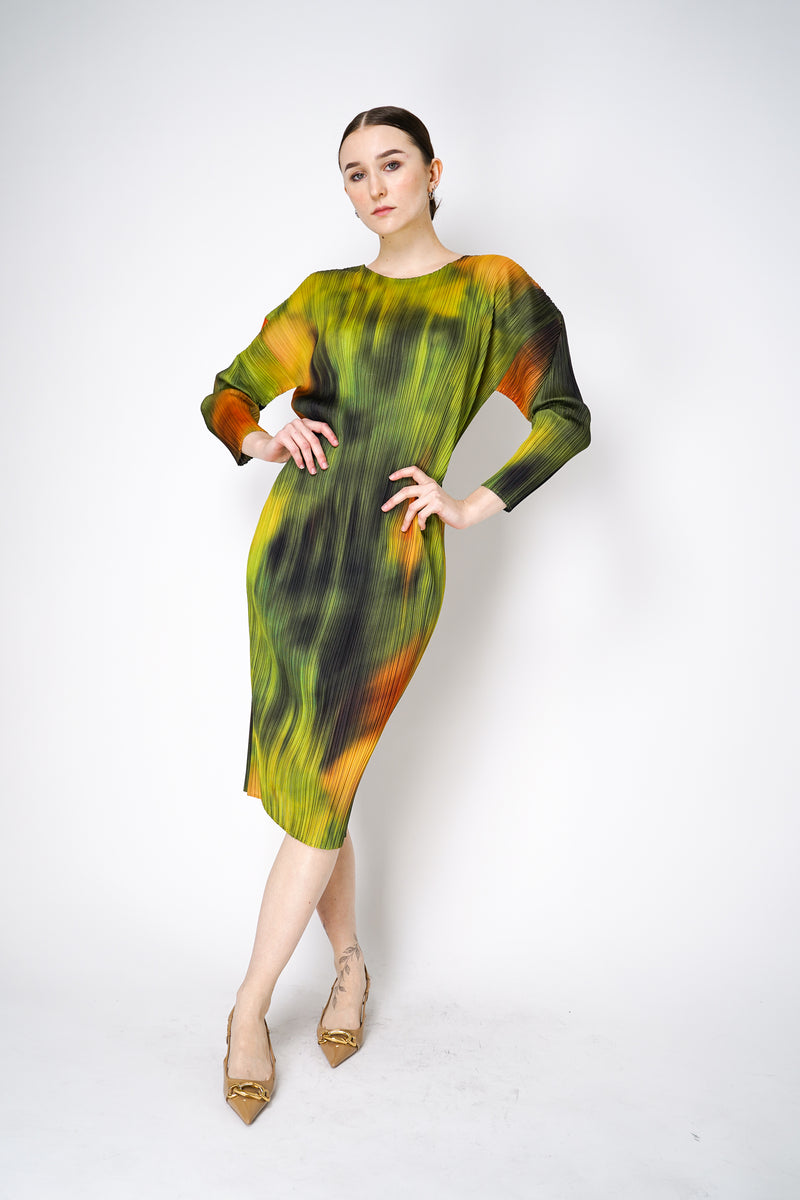 Pleats Please Issey Miyake "Turnip & Spinach" Dress in Green Vancouver. Shop online or in store