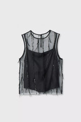 Rag & Bone Geena Sleeveless Feathered Organza Top in Black