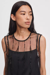 Rag & Bone Geena Sleeveless Feathered Organza Top in Black