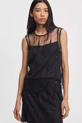 Rag & Bone Geena Sleeveless Feathered Organza Top in Black