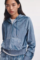 Rag & Bone Miramar Velvet Zip Hoodie in Mid Blue Wash